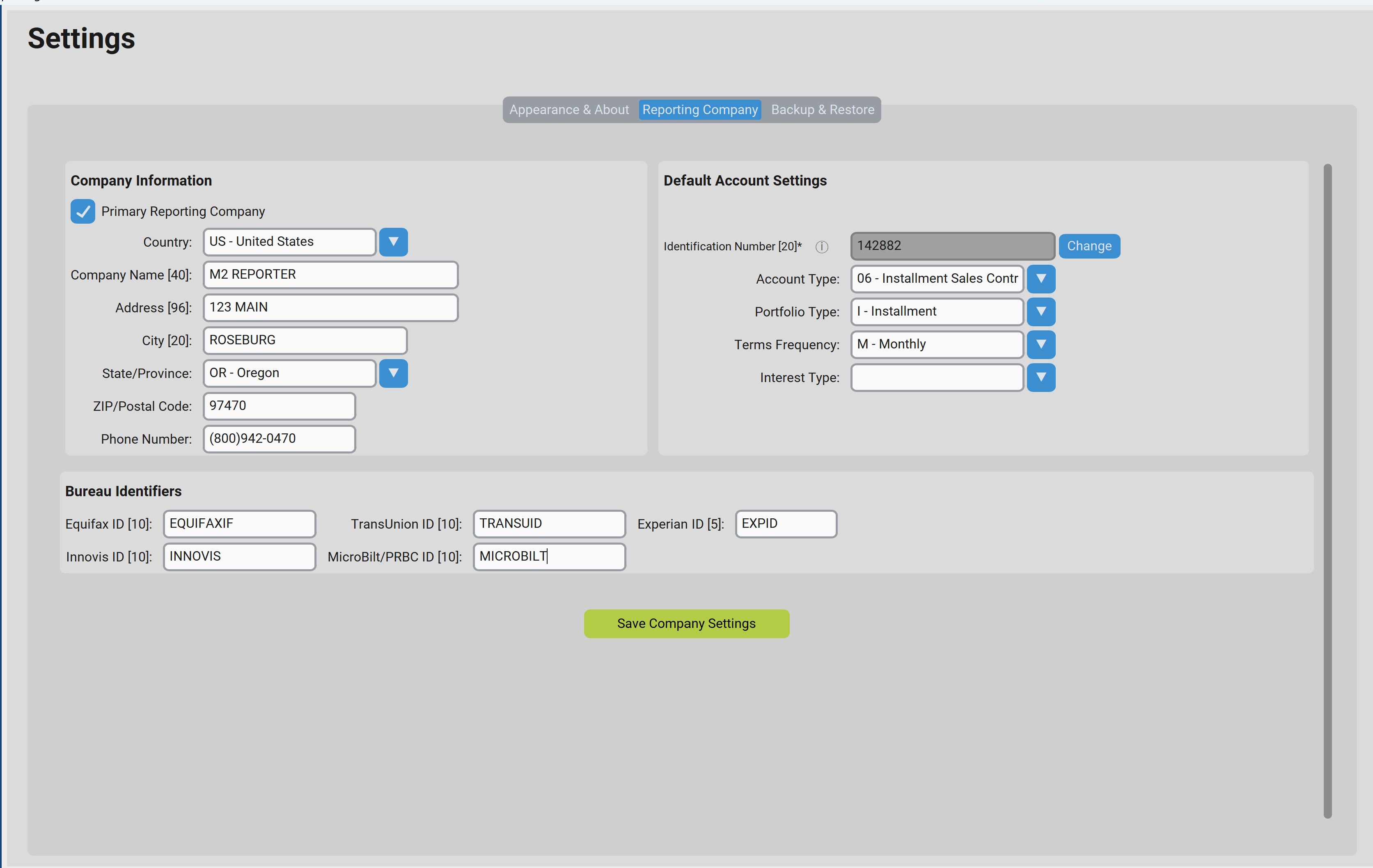 Reporting Company Settings